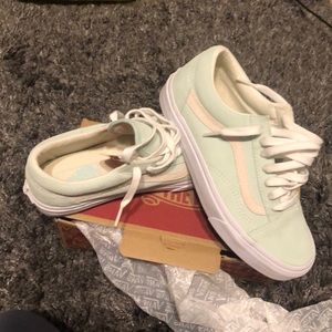 Pastel/ Light Green and off white vans